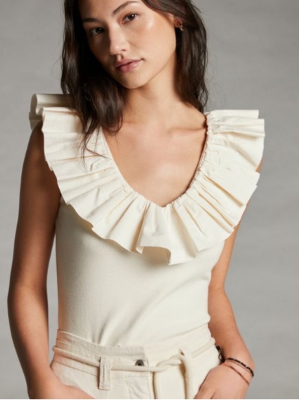 Anthropologie Cream Ruffle V-Neck Camisole